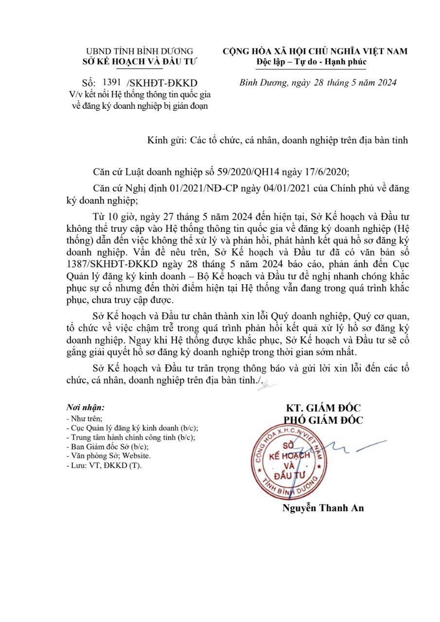 Công văn thông báo về sự cố kỹ thuật Hệ thống đăng ký kinh doanh